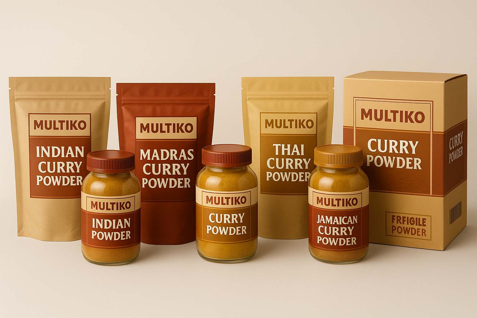 Indian, Madras, Thai, and Jamaican Curry Powder lineup by Multiko